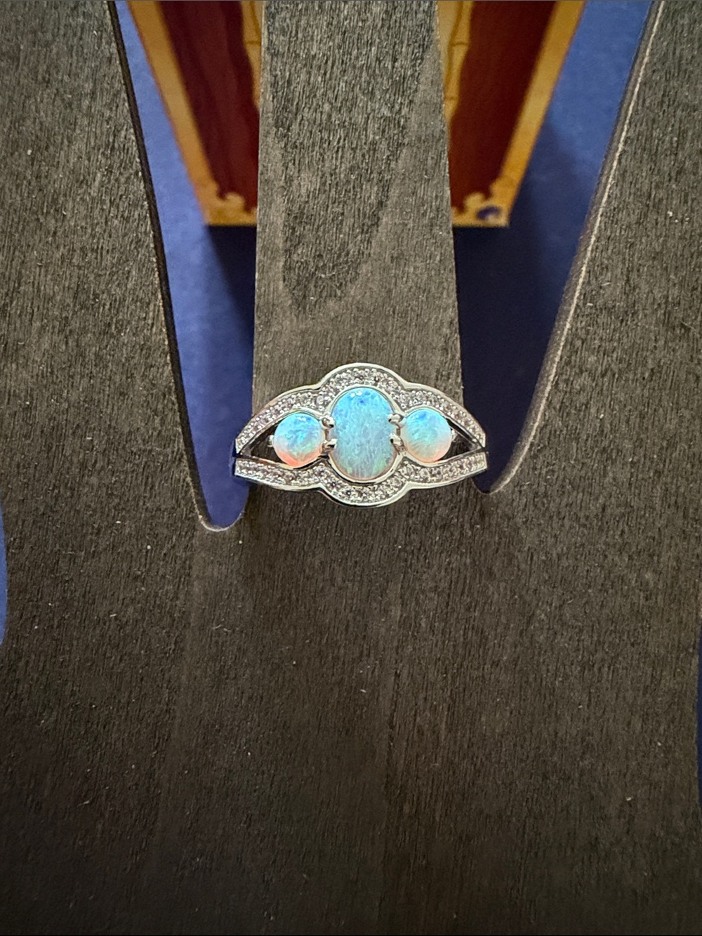Sterling Silver Opal Triple Stone Ring - Blue Opal